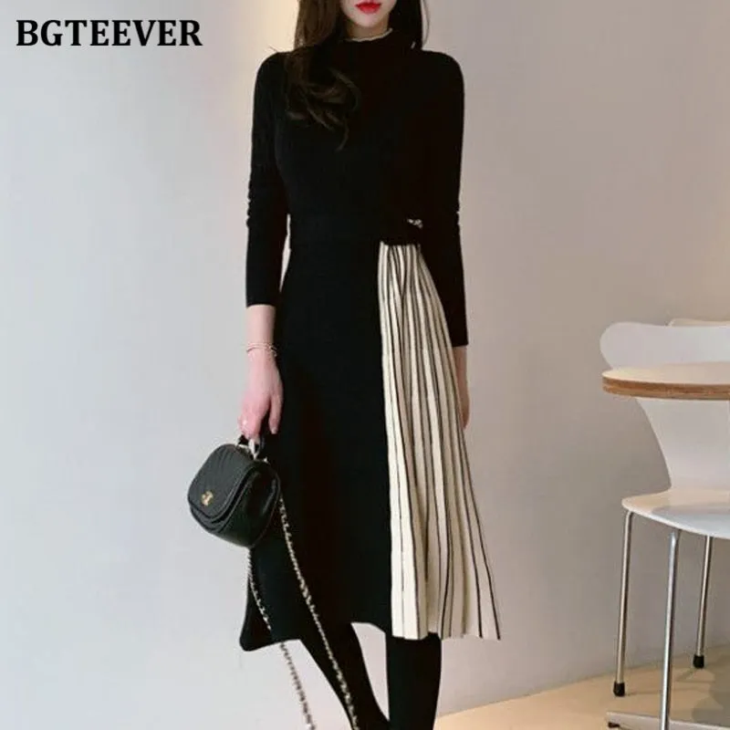 BGTEEVER Stylish Half Turtleneck Women Sweater Dress Long Sleeve Slim Belted Female Patchwork Pleated Dress Knitted Vestidos