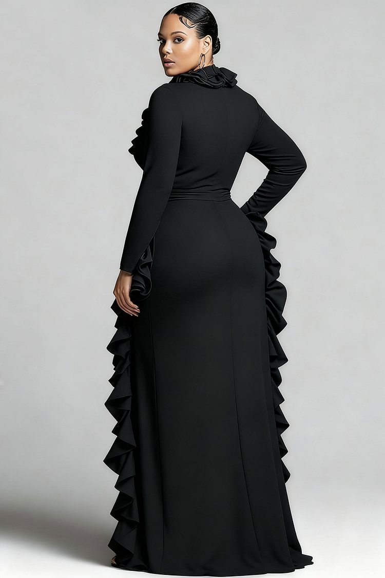 Xpluswear Design Plus Size Formal Burgundy V Neck Long Sleeve Ruffle Elegant Split Maxi Dresses [Pre-Order]