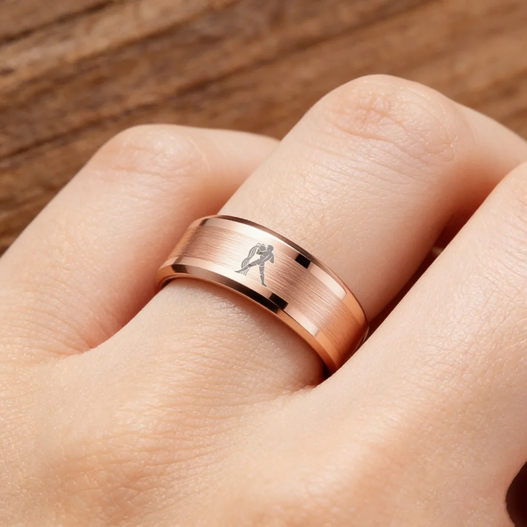 Beveled Edges Rose Gold Laser Etched Tungsten Carbide Ring Rose Gold Aquarius Couple Wedding Bands 4MM 6MM 8MM Width