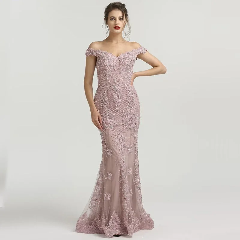 Lisliy Elegant Dusty Pink Sequin Appliques Prom Dress Mermaid V Neck With Beaads 