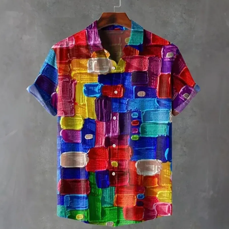 Men's Retro Colorful Oil Painting Printed Linen Blend Casual Short-sleeve Shirt  artssus