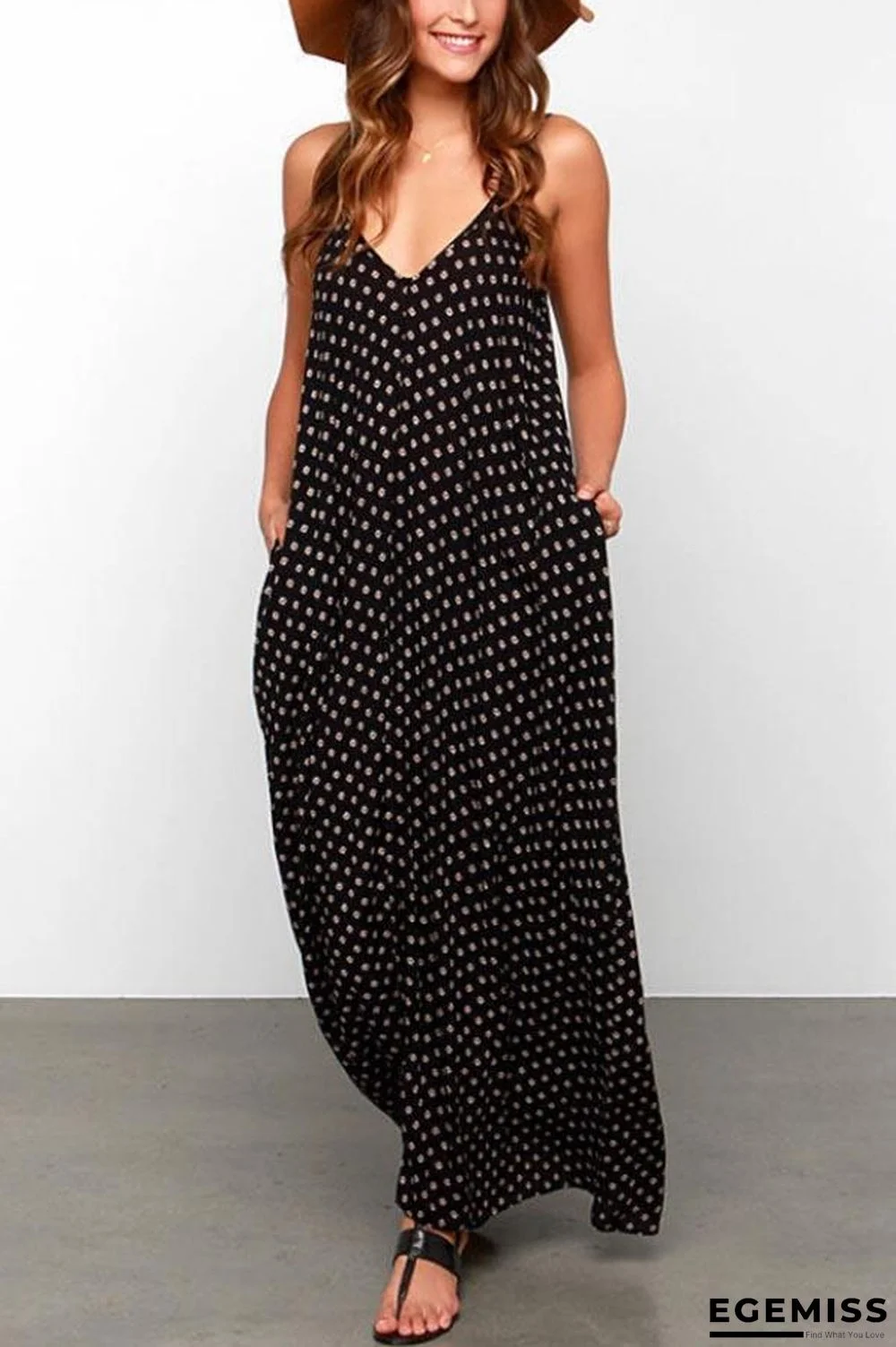 Pockets Polka Dots Spaghetti Backless Maxi Dress Black Dresses | EGEMISS