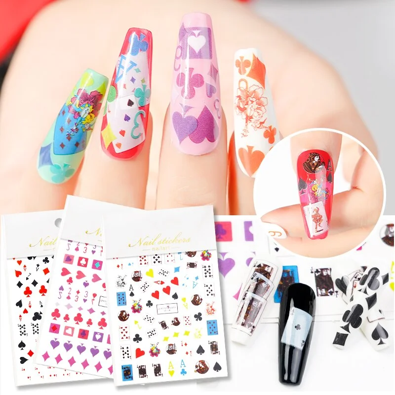 1 Pcs 13x8.7cm Colorful Playing Card Nail Sticker 3D Square Plum Blossom Full Color DIY Nail Decals Nail Slider Art Deco
