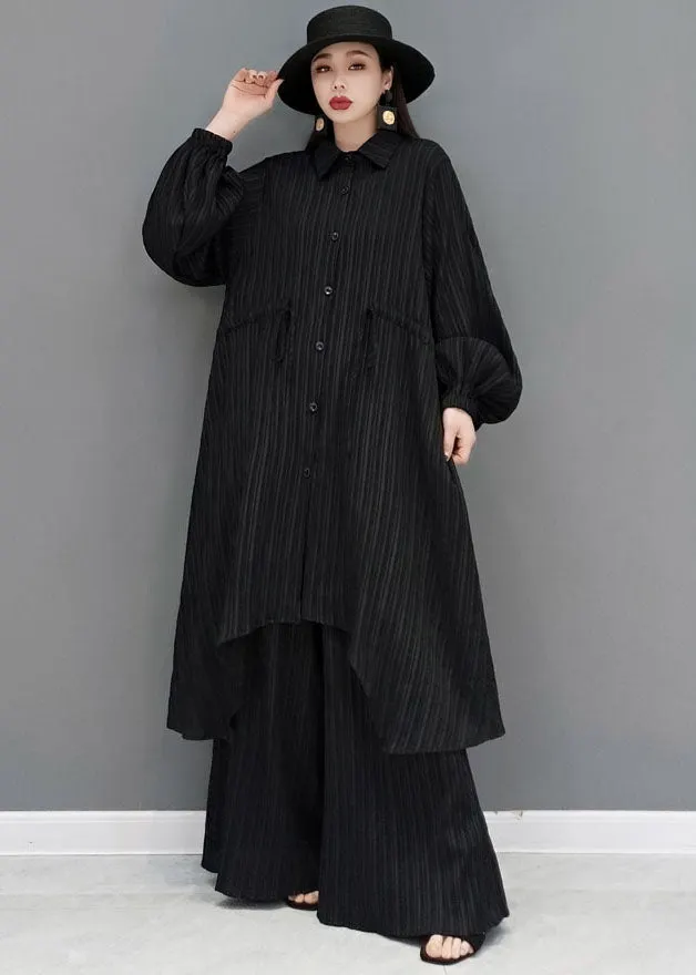 BlackDrawstringAsymmetricalCottonLongShirtAndWideLegPantsTwoPiecesSetSpring