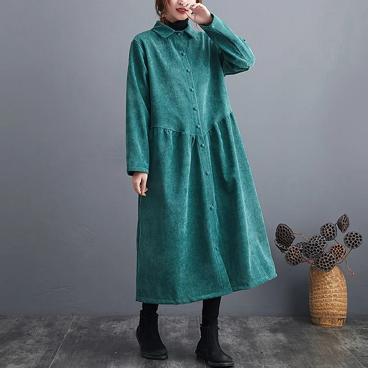 Literary Solid Color Lapel Corduroy Windbreaker Coat - yankia