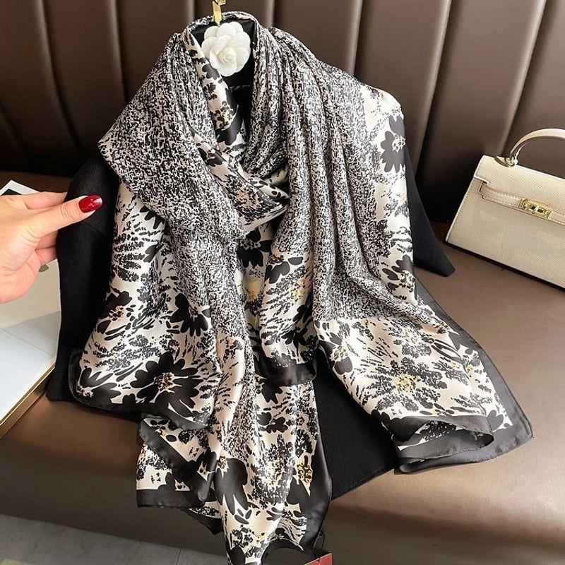 Women’s Fashion Letter Plaid Satin Printing Silk Scarves
