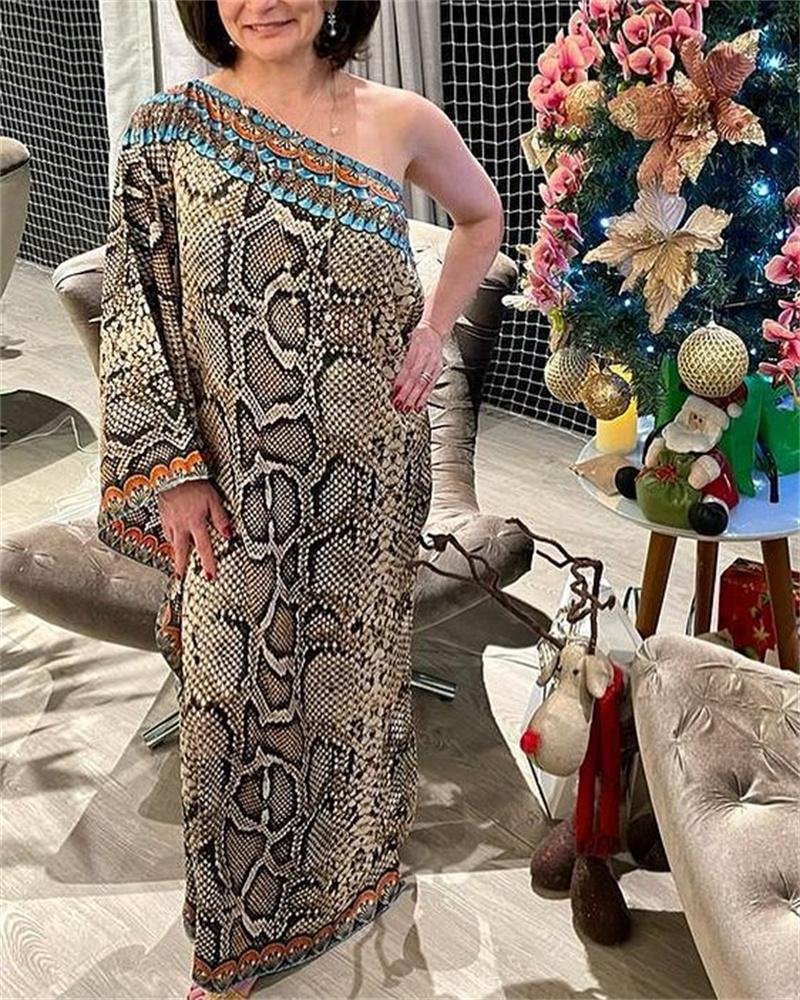 Kaftan Print One Shoulder Sleeve Maxi Dress