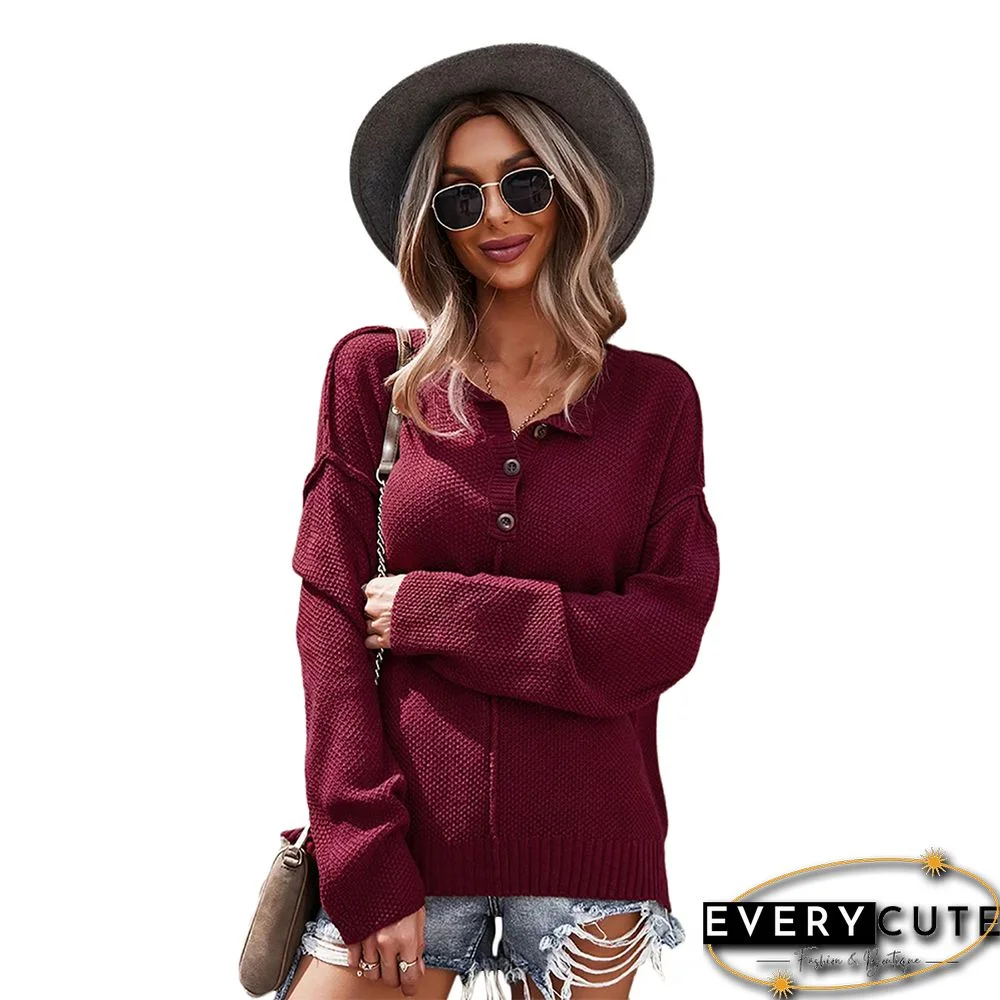 Wine Red Button Neck Long Sleeve Polo Sweater