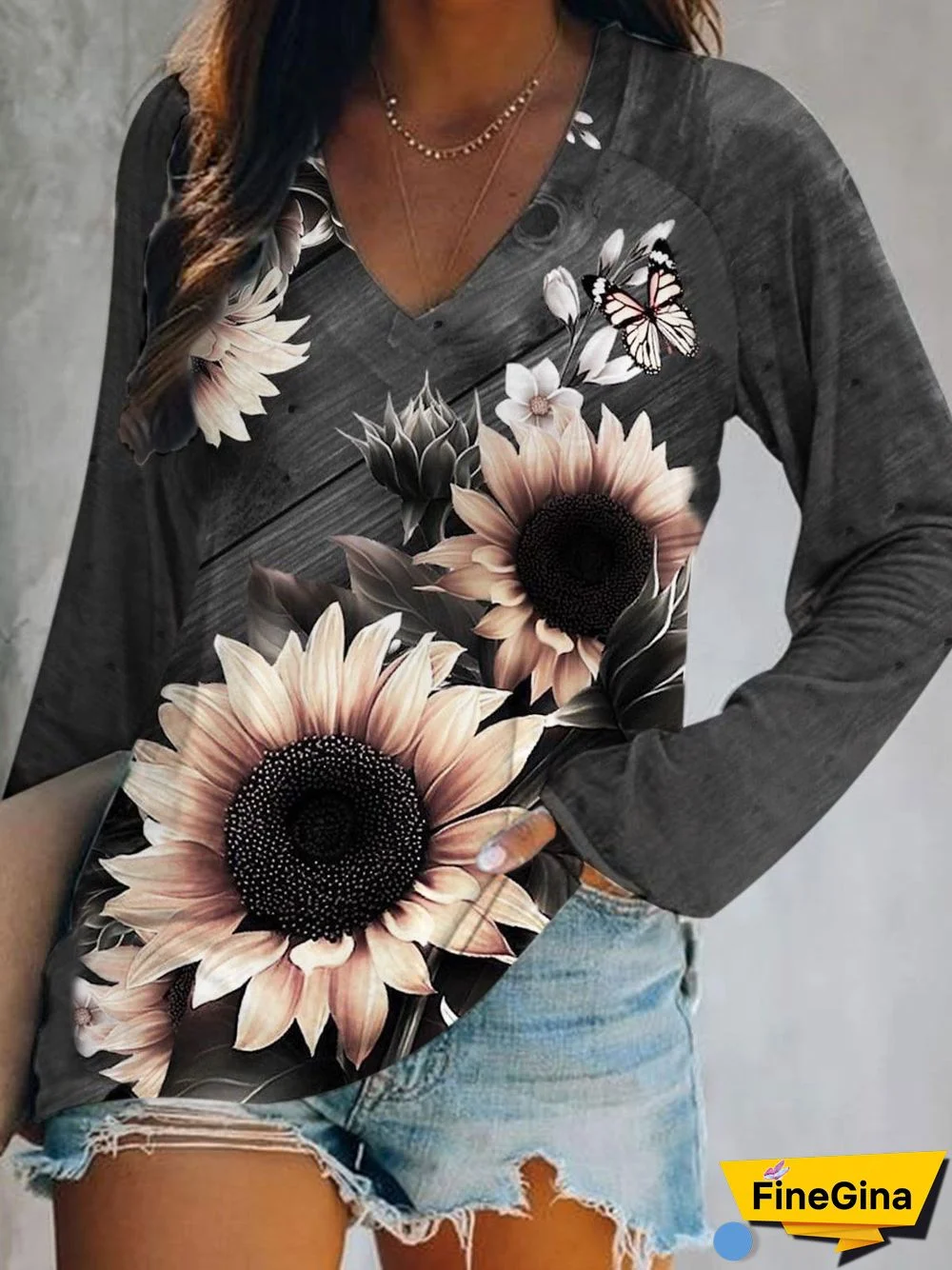 Women's Sunflower Print V-Neck Long Sleeve Top