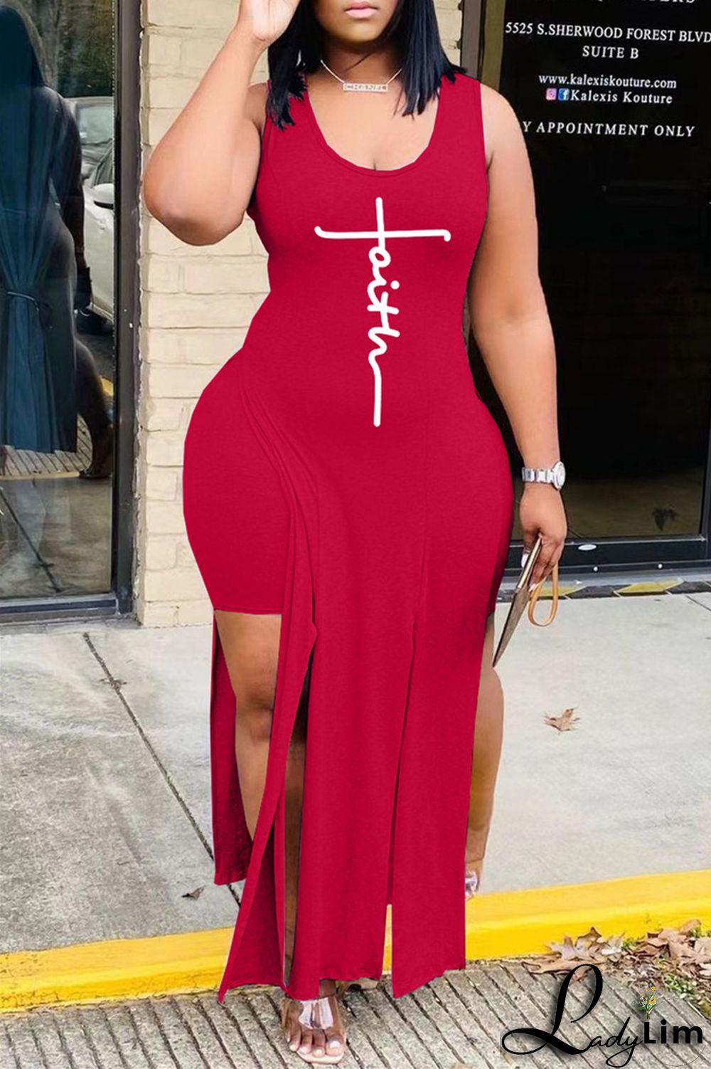 Grey Fashion Sexy Print Slit Vests U Neck Sleeveless Two Pieces