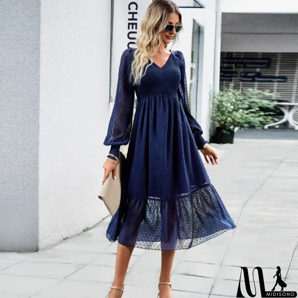 MidiSono - Women's V-neck Elegant Solid Color Midi Dress