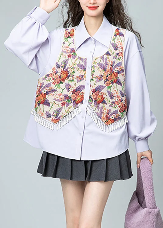 Jacquard Llight Purple Peter Pan Collar Print Tassel Button Shirt Puff Sleeve