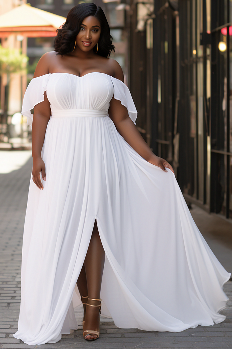 Xpluswear Design Plus Size Vacation Elegant White Off The Shoulder Cap Sleeve Split Chiffon Sundress Maxi Dresses [Pre-Order]