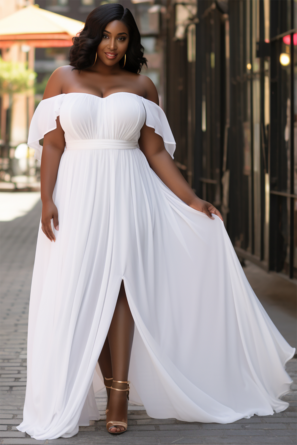 Design Plus Size Vacation Elegant White Off The Shoulder Cap Sleeve Split Chiffon Maxi Dresses [Pre-Order]