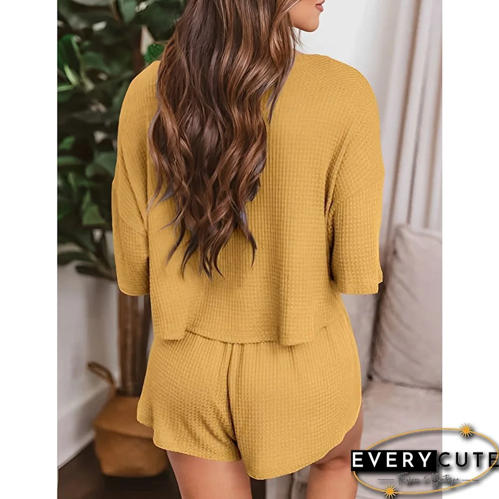 Yellow Waffle V Neck Pocket Top and Shorts Set