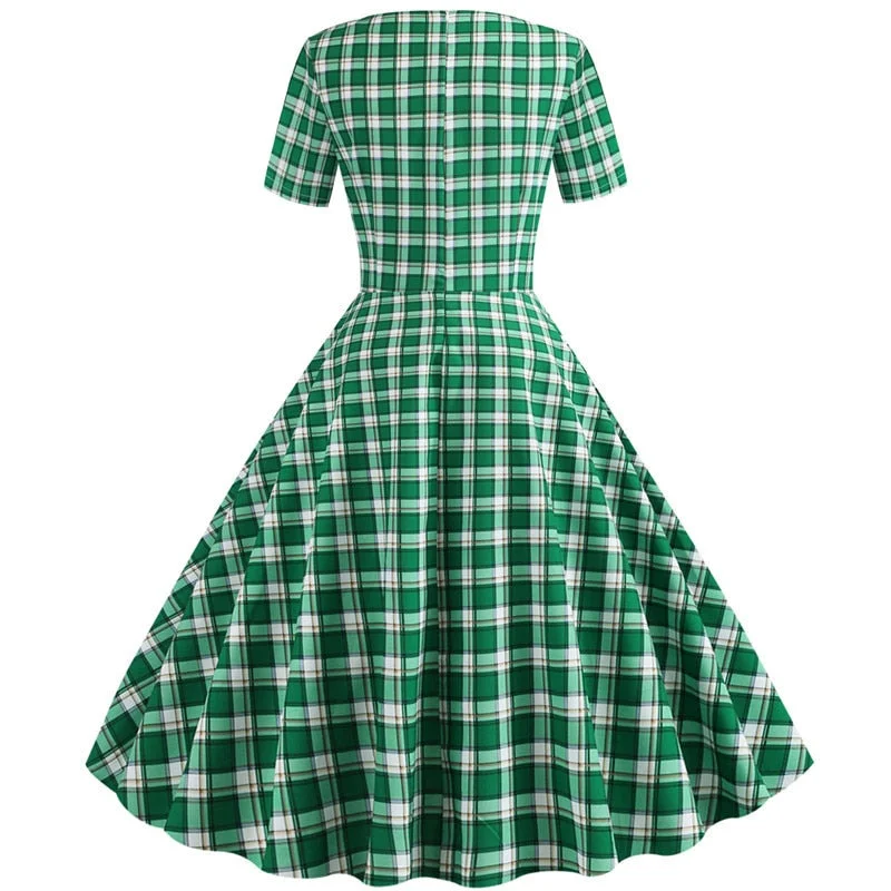 Plaid Print Short Sleeve Summer Vintage Dress Women 2022 Casual V neck Elegant Slim Office Party vestidos Robe Femme