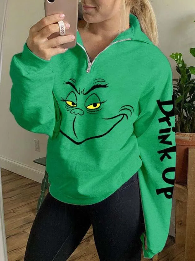 Mayoulove Women's Drink Up Grinches Zip Sweatshirt How the Grinch Stole Christmas Sweater-Mayoulove