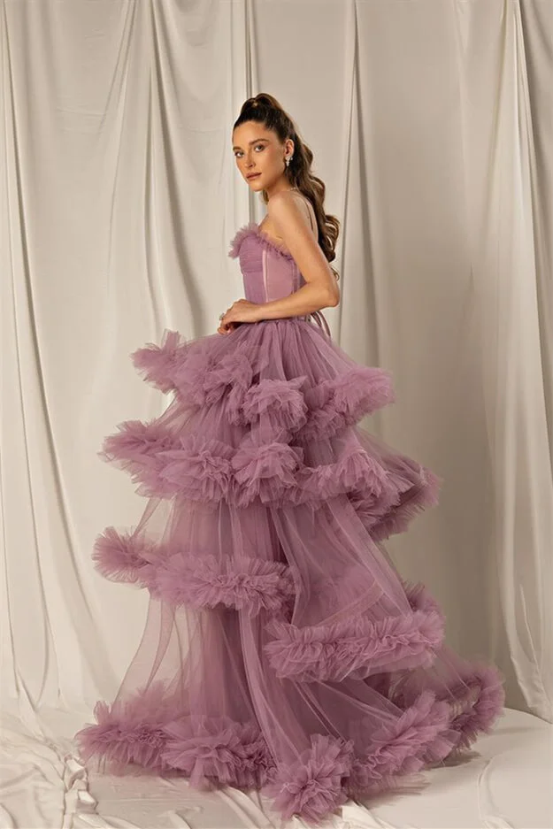 Bellasprom Spaghetti-Straps Wisteria Evening Dress Tulle Layered Lace-up Back