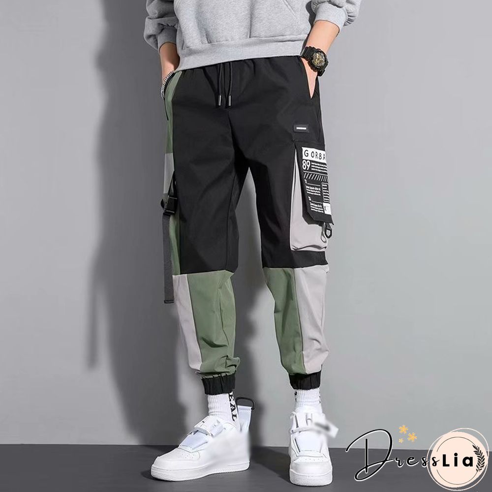 Contrasting Color Casual Functional Pants