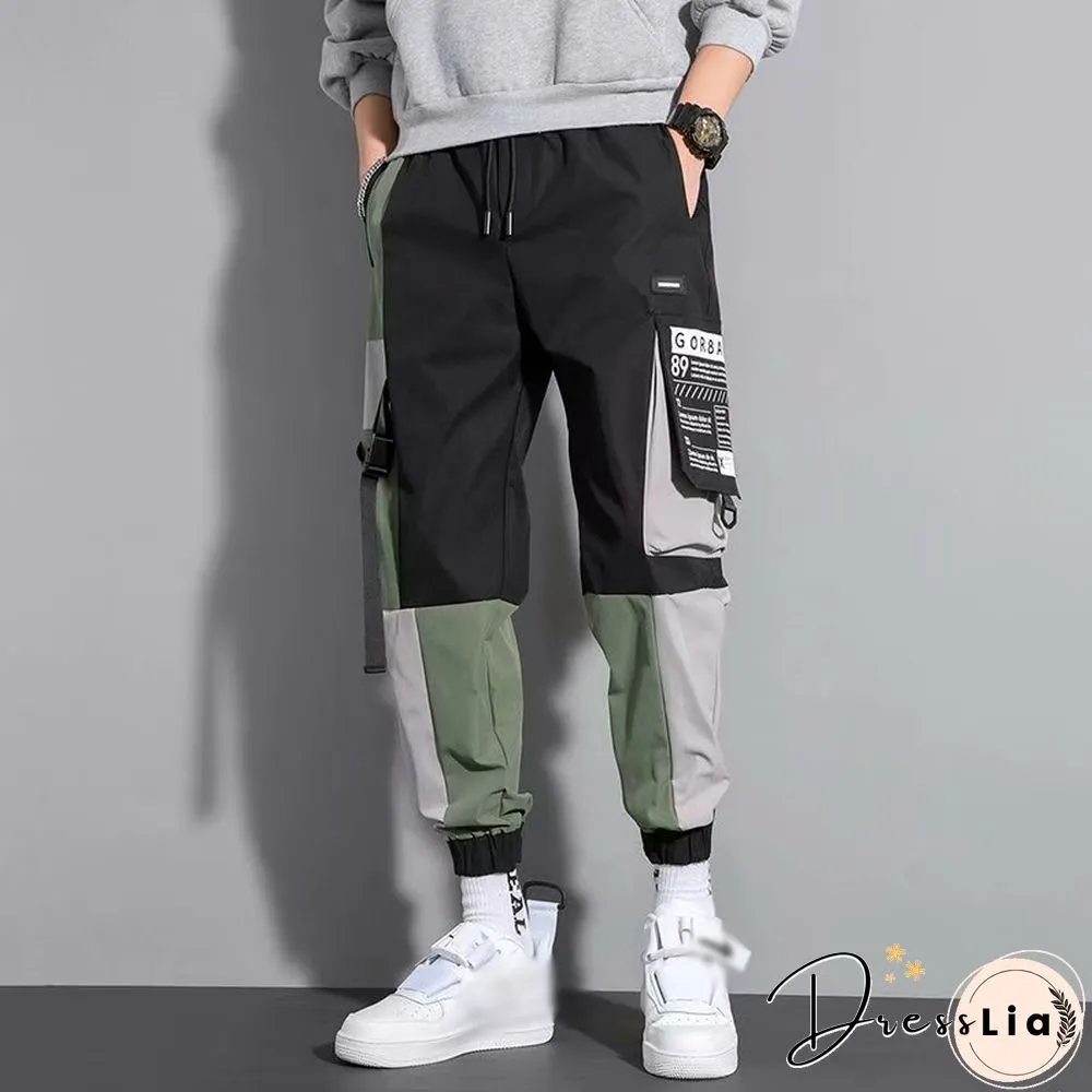 Contrasting Color Casual Functional Pants