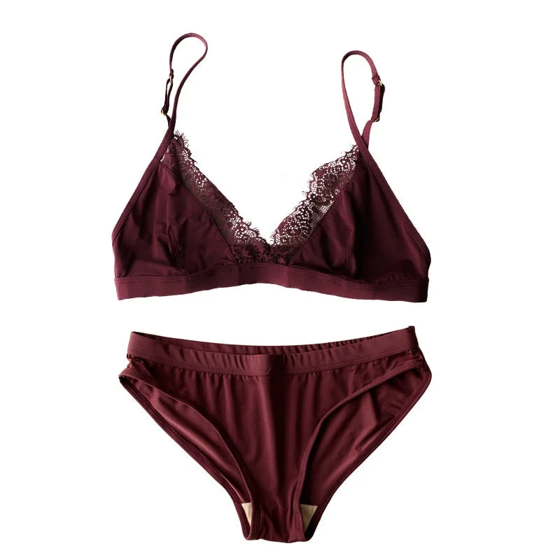 Wriufred Ice silk no trace lingerie set no steel ring bra set no sponge eyelash lace girl underwear plus size bra underpants