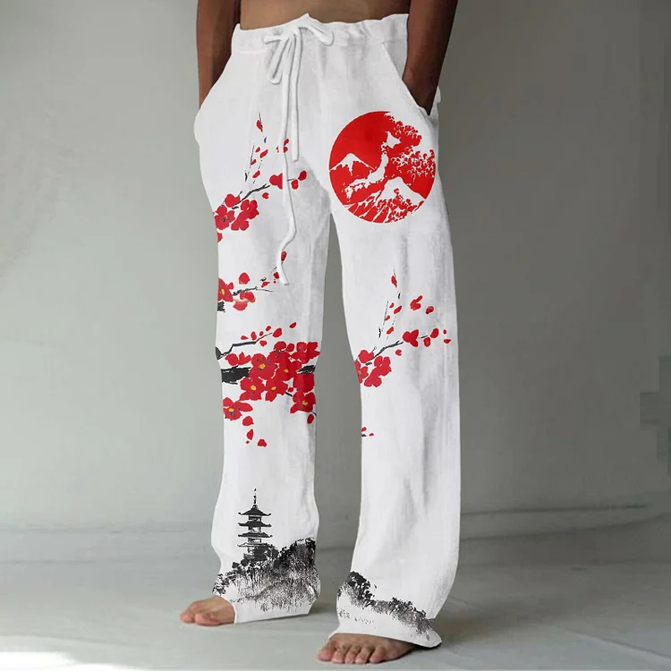 Japanese Art Sakura Print Linen Blend Casual Pants
