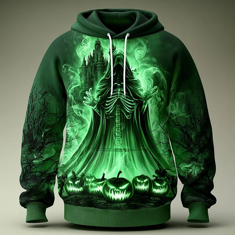 Men's Retro Halloween Optical Illusion Ghost Pattern Comfortable Hoodie