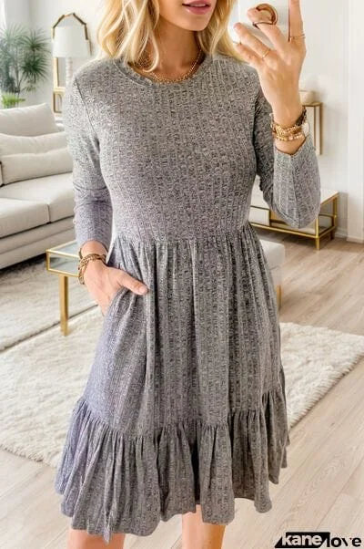 Round Neck Long Sleeve Ruffle Hem Dress