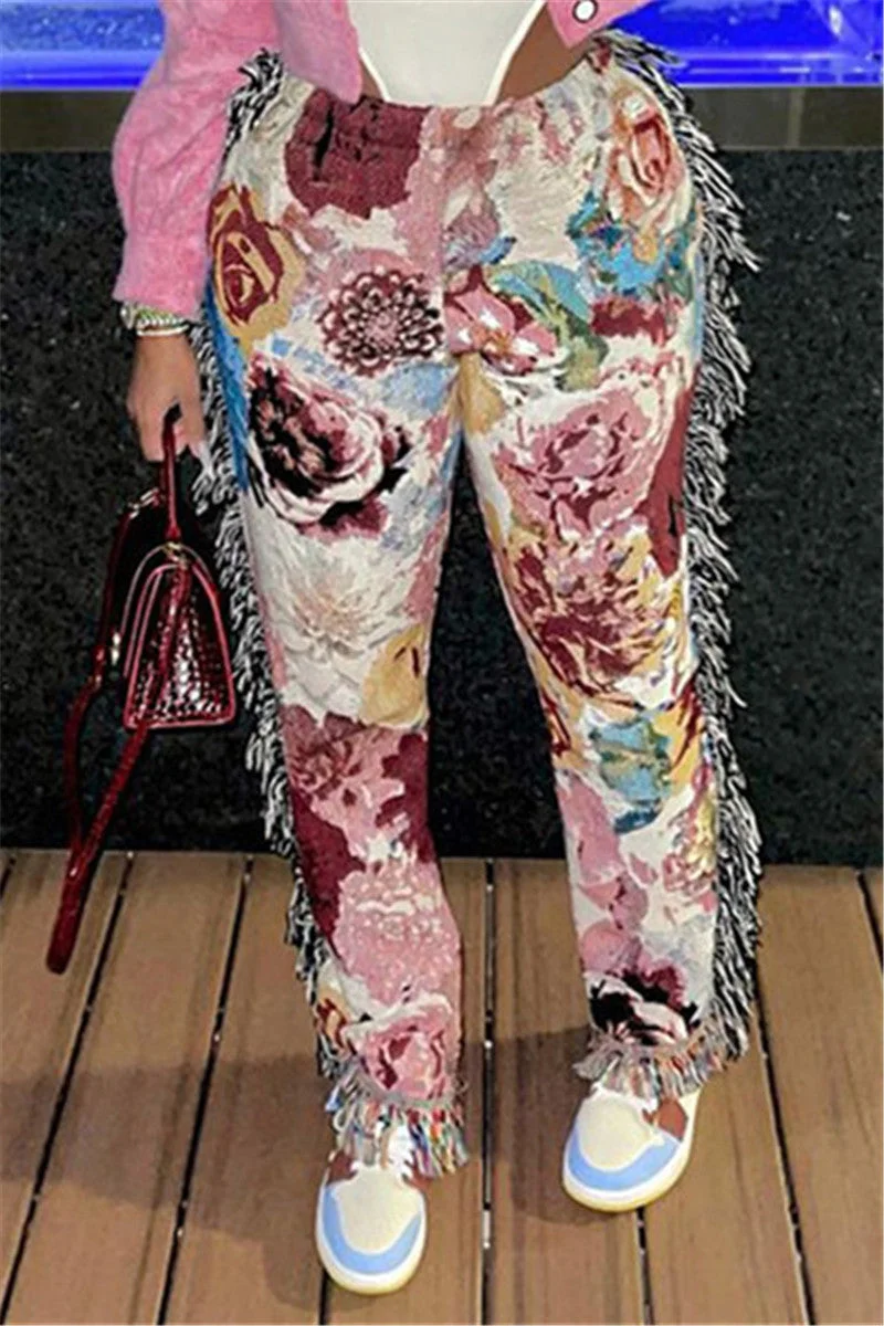 Fashion Casual Print Tassel Regular Mid Waist Trousers