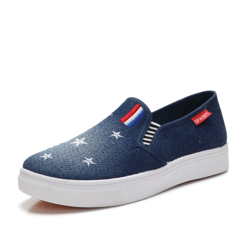 Qengg Women's Spring summer shoes comfortable denim canvas shoes with printings lady soft lazy loafers chaussures de dame