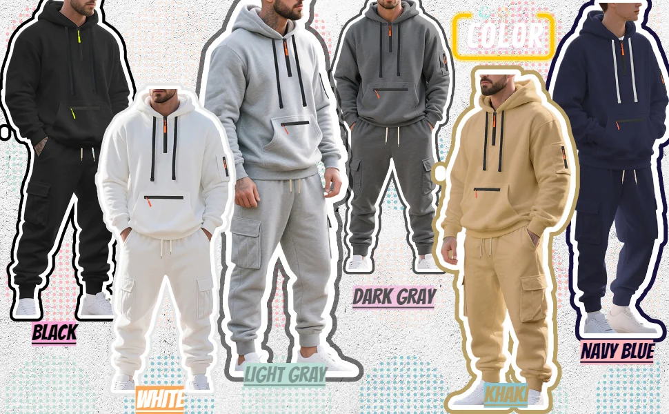 Exposition de six ensembles de survêtements comprenant des sweats à capuche et des pantalons de jogging coordonnés dans les couleurs noir, gris clair, gris moyen, bleu marine, beige et bleu foncé.