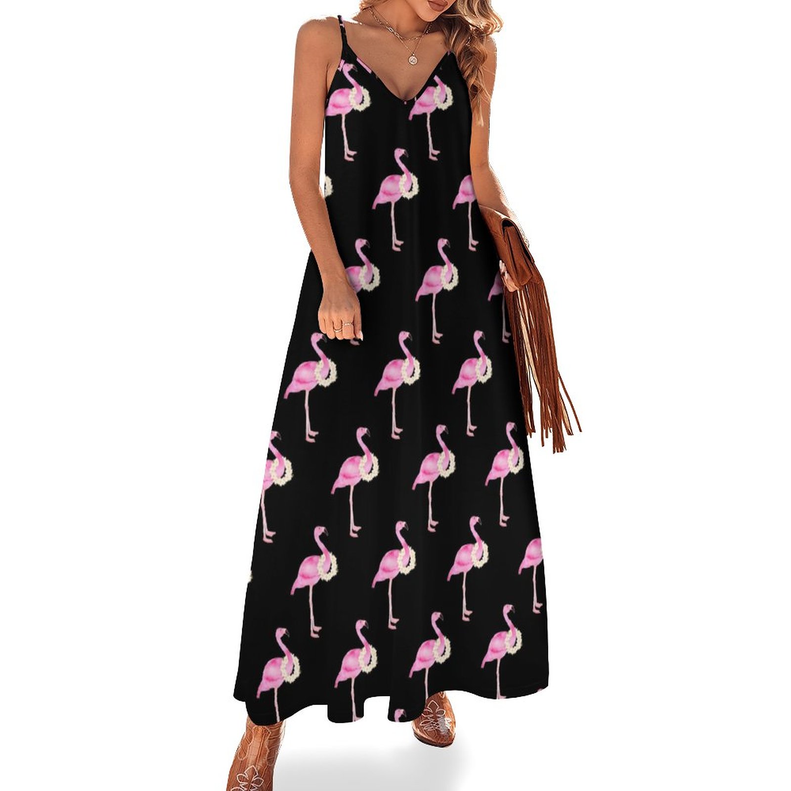 Tropical Pink Flamingo White Floral Wreath Women's Casual Strappy V Neck Sleeveless Flowy Loose Long Maxi Beach Dress Sundress White & Pink-2XL Tropical Pink Flamingo White Floral Wreath Women's Casual Strappy V Neck Sleeveless Flowy Loose Long Maxi Beach Dress Sundress White & Pink-2XL