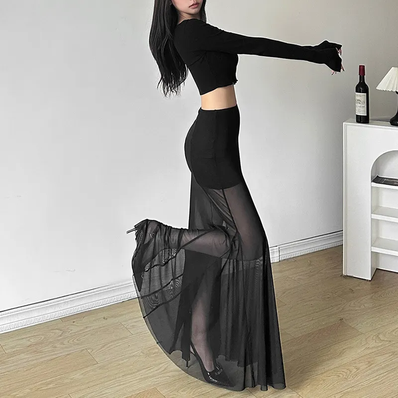 Brownm New Women's Clothing In The Autumn Of 2024, The Body-Repair Perspective Solid-Color High-Waisted Mesh Half-Body Skirt