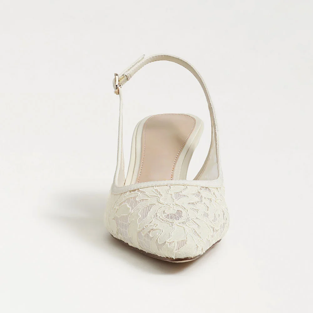 Fashion Ivory Pointed Toe Embroidered Pumps Shoes with Chunky Heel