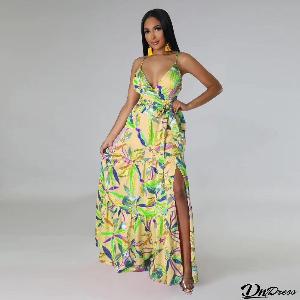 Women Printed V-Neck Straps Beach Dress