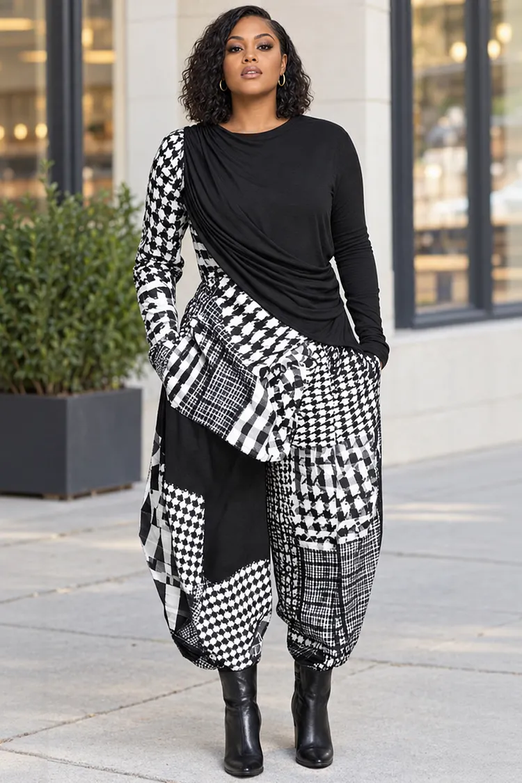 Xpluswear Design Plus Size Daily Casual Black Houndstooth Round Neck Long Sleeve Pocket Asymmetric Hem Irregular Hem Two Piece Pant Sets [Pre-Order] 2024 - Xpluswear