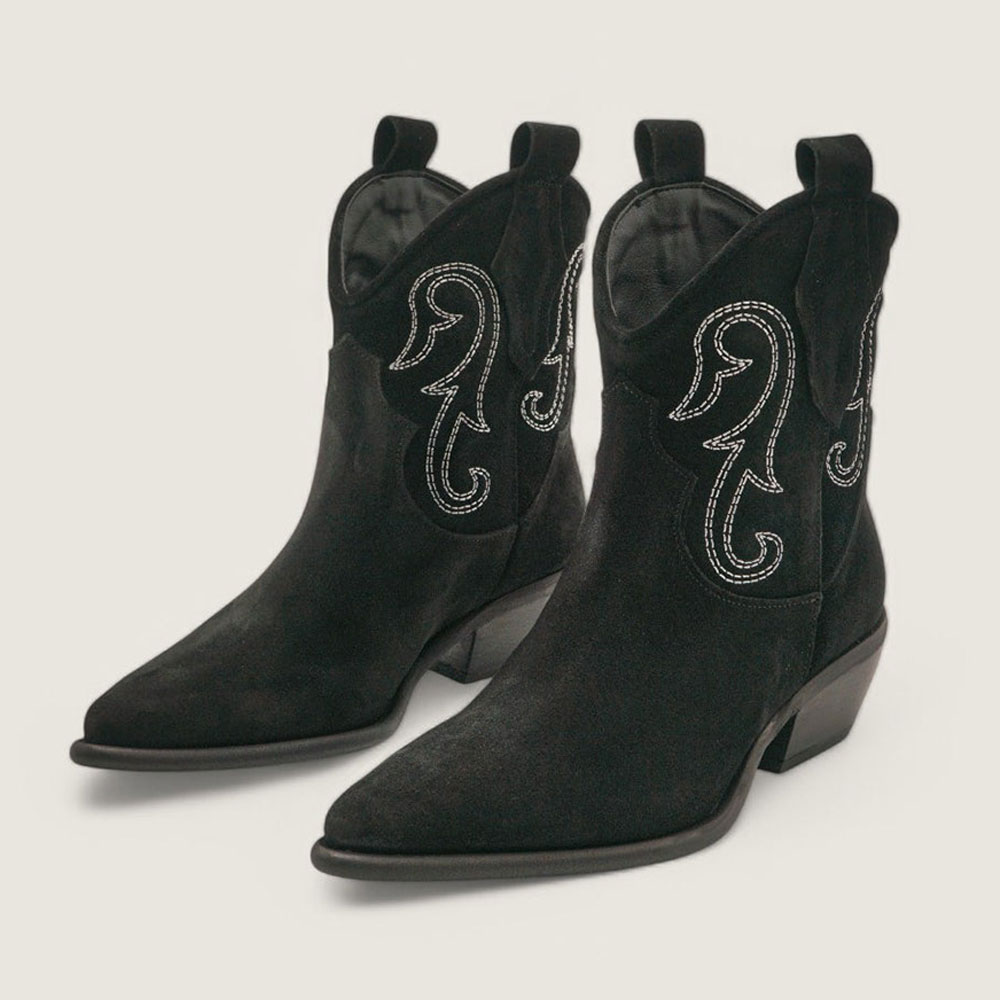 Faux Suede Chunky Heel Embroidered Black Cowgirl Boots for Women Nicepairs