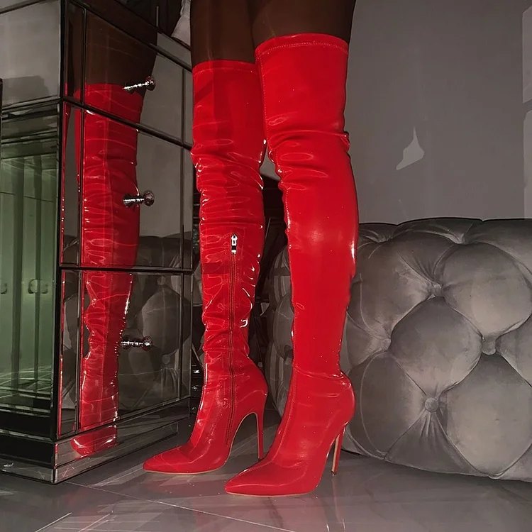 Red Patent Leather Thigh High Heel Boots for Women |FSJ Shoes