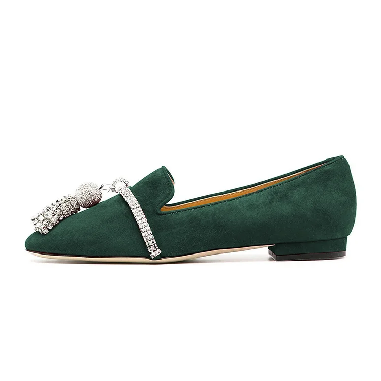 Dark Green Suede Rhinestone Flat Loafers Vdcoo