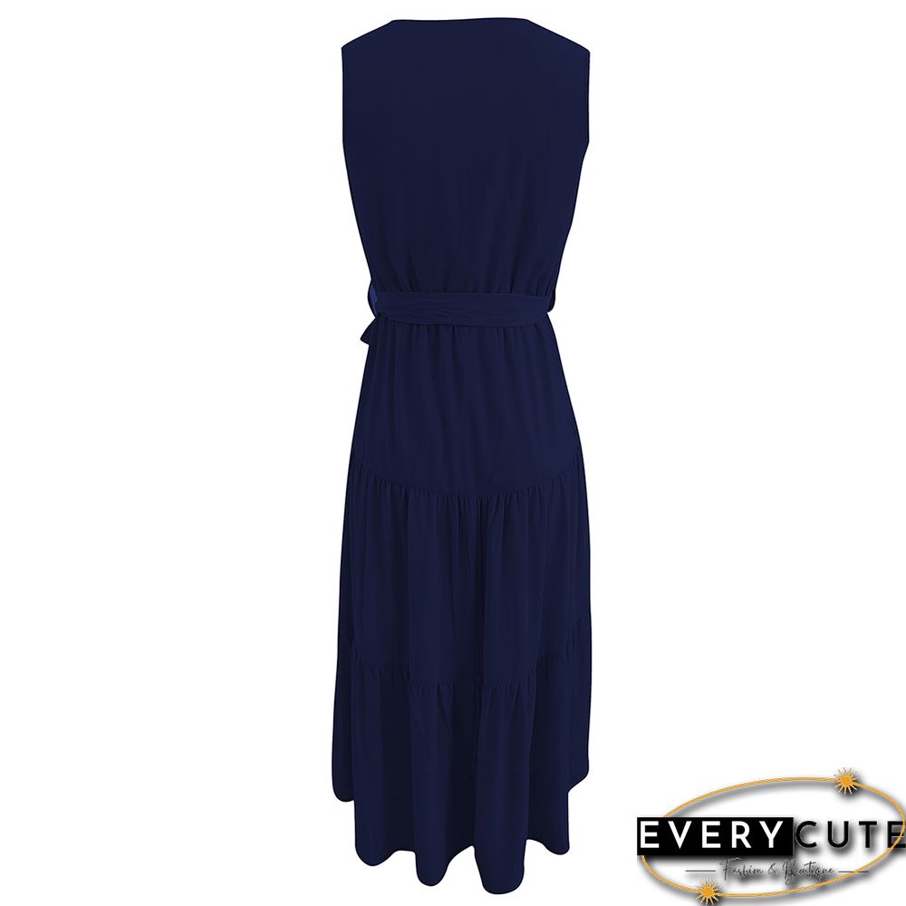 Navy Blue V Neck Sleeveless Tie Waist Midi Dress