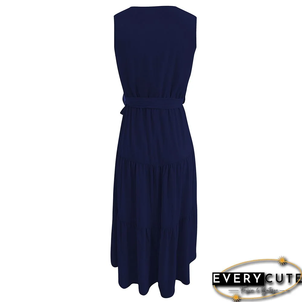 Navy Blue V Neck Sleeveless Tie Waist Midi Dress