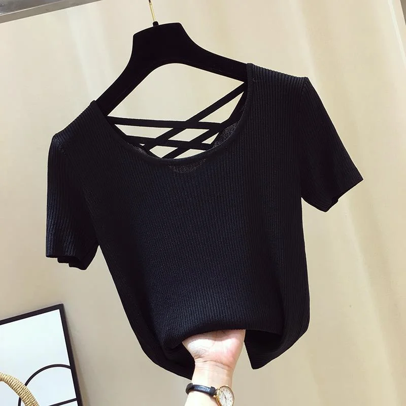 Sexy Shirt Women Basic Tshirt White Black Korean clothes Solid color Knitted Top Stretch Backless Summer Ladies T Shirt Casual