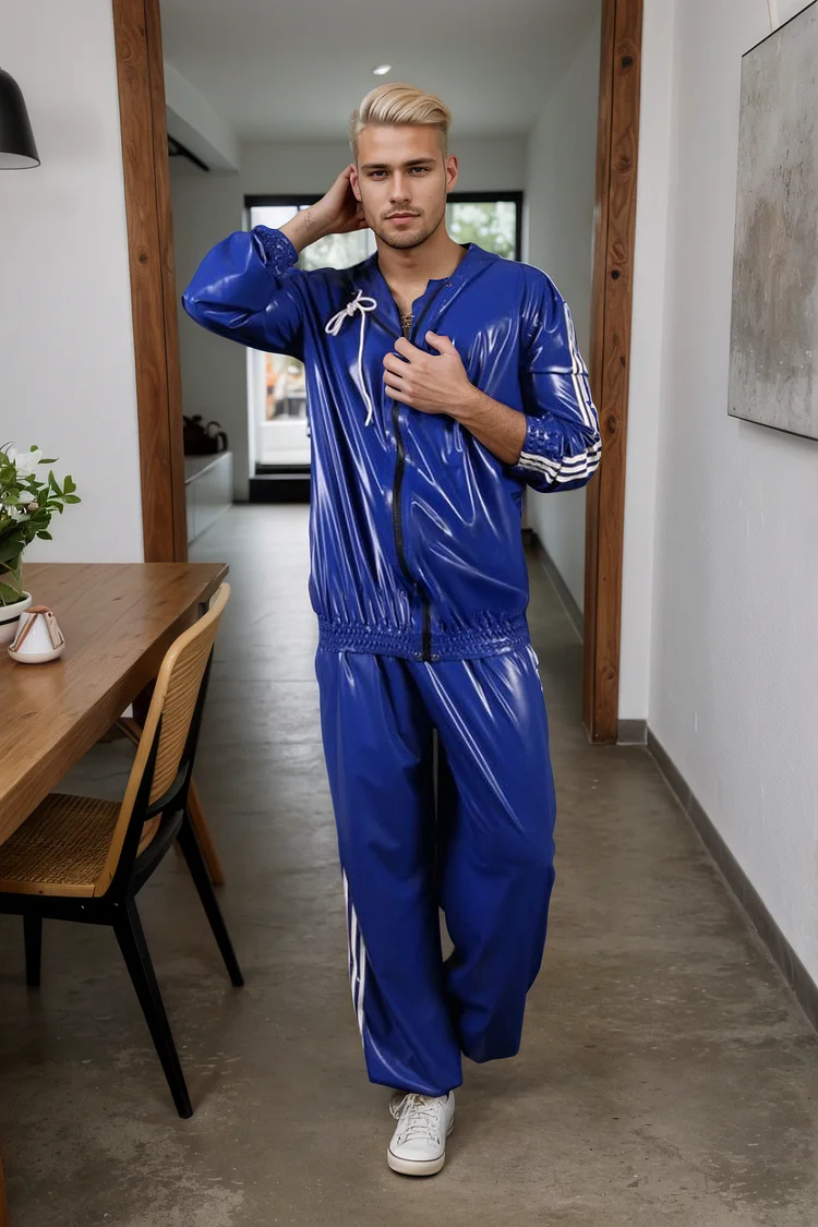 Men Blue Latex Pants Baggy Tracksuit