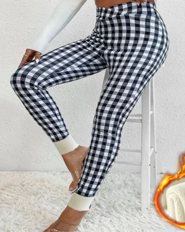 Thickened Warm Black And White Check Tight Elastic Pants