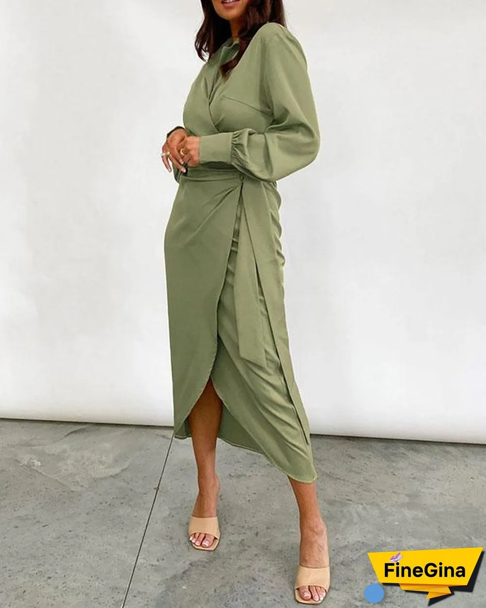 Women's Long Sleeve Wrap Lace up Midi Dress