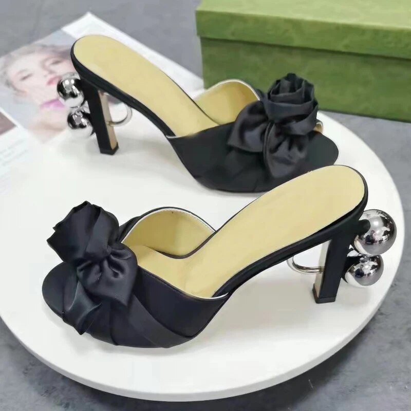 Rose Red Flower Gladiator Sandals Woman Open Toe Satin Strange High Heels Mules Lady Party Shoes