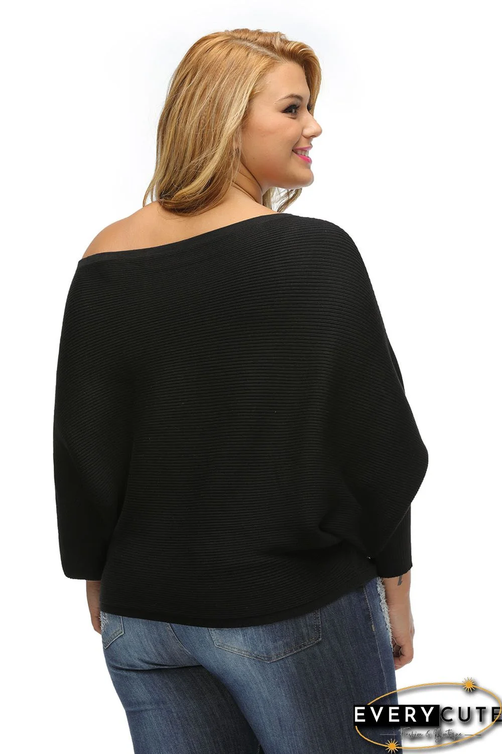 Black Off Shoulder Bat Long Sleeves Loose Fit Sweater