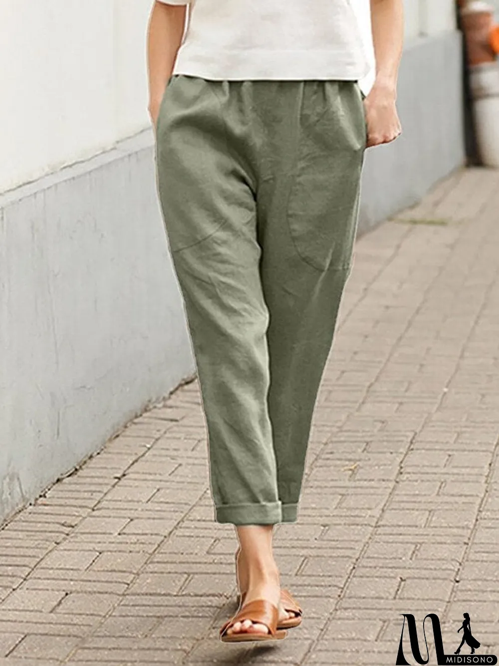 MidiSono - Women's Cotton Linen Solid Color Casual Pants