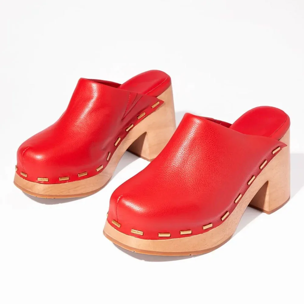 Fashion Red Square Toe Chunky High Heel Platform Mules for Women