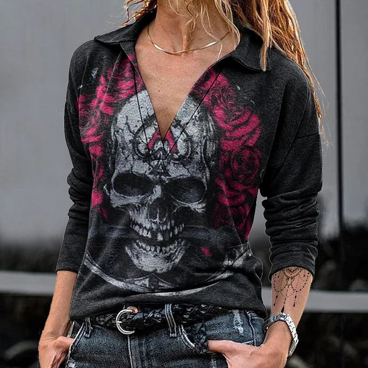 Skull & Roses Vintage Creative Print V Lapel Women Long Sleeves